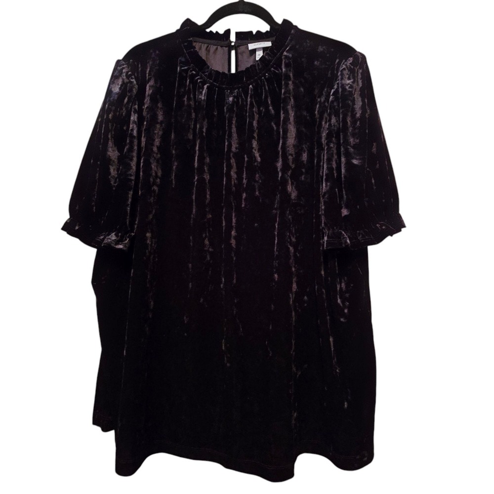 The Get Women's Velvet Peasant Top 2X Black Puff Sleeve Ruffle Whimsigoth Grunge